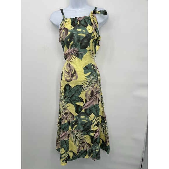 BELLA AMBRA Italy Linen Tropical Hawaiian print Midi Dress Shift Ruffle Hem Bow - Picture 5 of 13